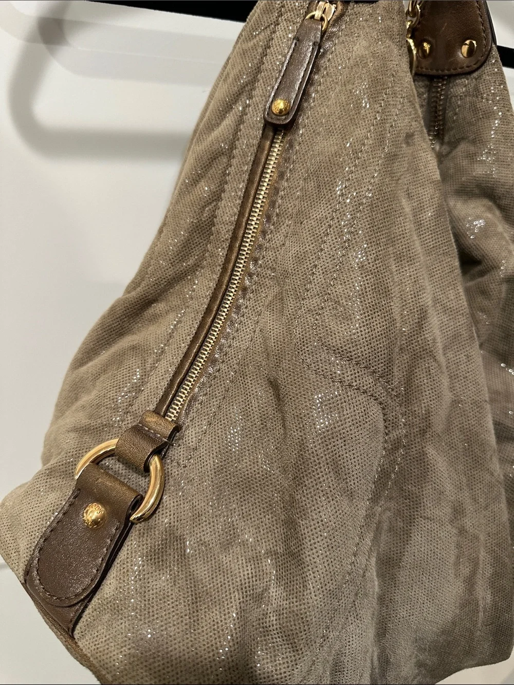 Tod’s Soft Metallic Taupe Hobo Bag with Gold Hardware. Lots of pockets,
